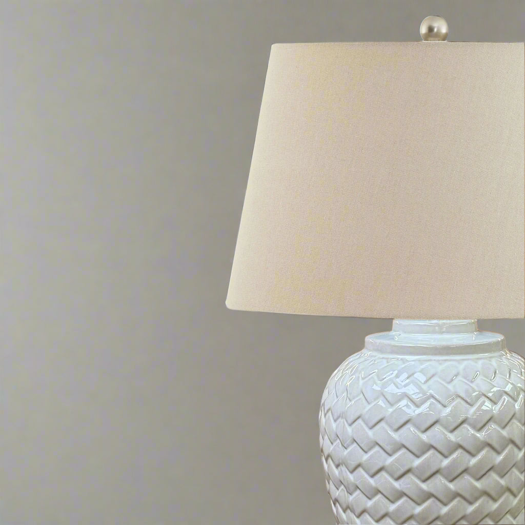 Woven Ceramic Table Lamp With Linen Shade