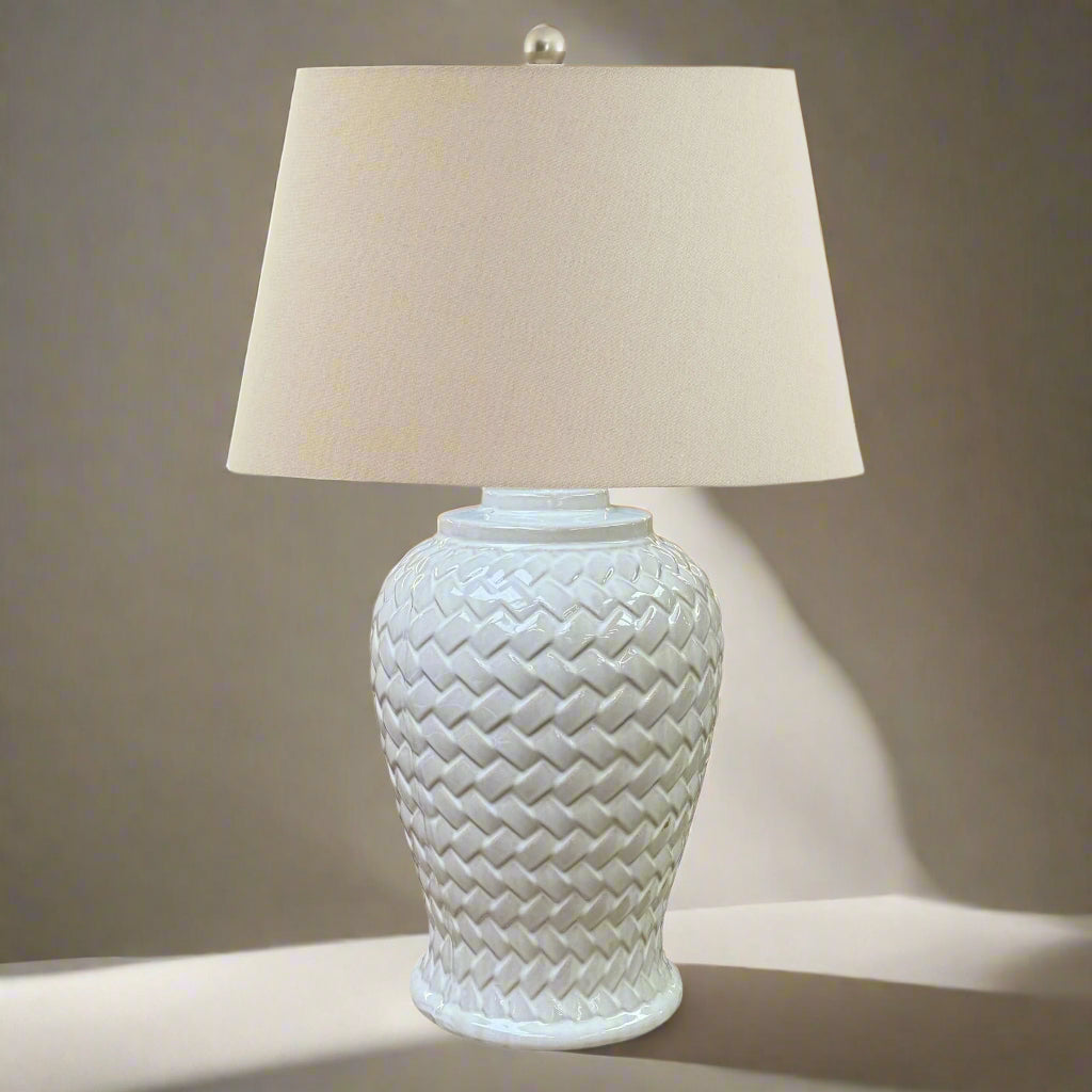 Woven Ceramic Table Lamp With Linen Shade