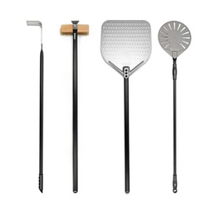A white background image showing the Igneus pizza ovens, peel, spinner, brush and rake.