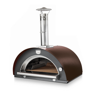 A brown sided pizza oven with open front on a white background image.