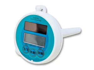 A white background image of the solar thermometer for hot tubs - showing a blue top - digital display and button options.