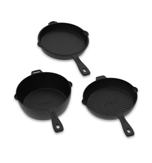 A photograph of the igneus 3 part cast iron set - on a white background - black cast iron dish options.