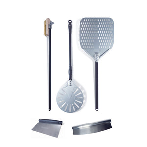 A white background image showing all 5 parts of the Igneus 5 part tool set, the spinner, the pizza peel, the oven brush, the dough cutter and the rocker cutter.