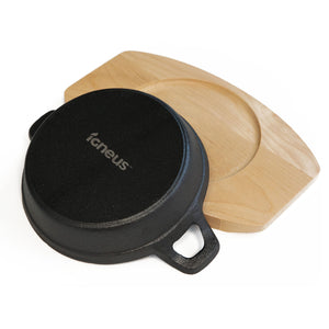 A white background shot of the Igneus pro sizzler dish for BBQ pizza ovens and it's bamboo setting plate