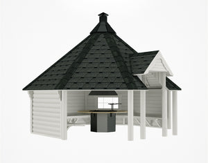 A white background image of the Viking Industrier open BBQ Hut and grill cabin with square support pillars and a black singled roof.