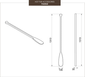 A white diagram image showing the dimensions of the paddle in millimetres
