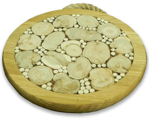 A white background image showing the hand made Viking coaster with solid wood outer and an interior of smaller wooden cores