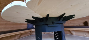 An underside shot showing the heavily crafted metal attached to the wood.