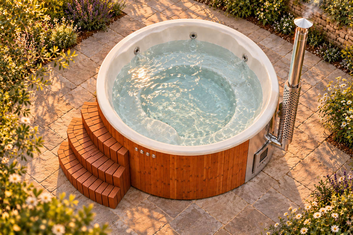 The Everyday hot tub filled with water, seen from above on a stone terrace.