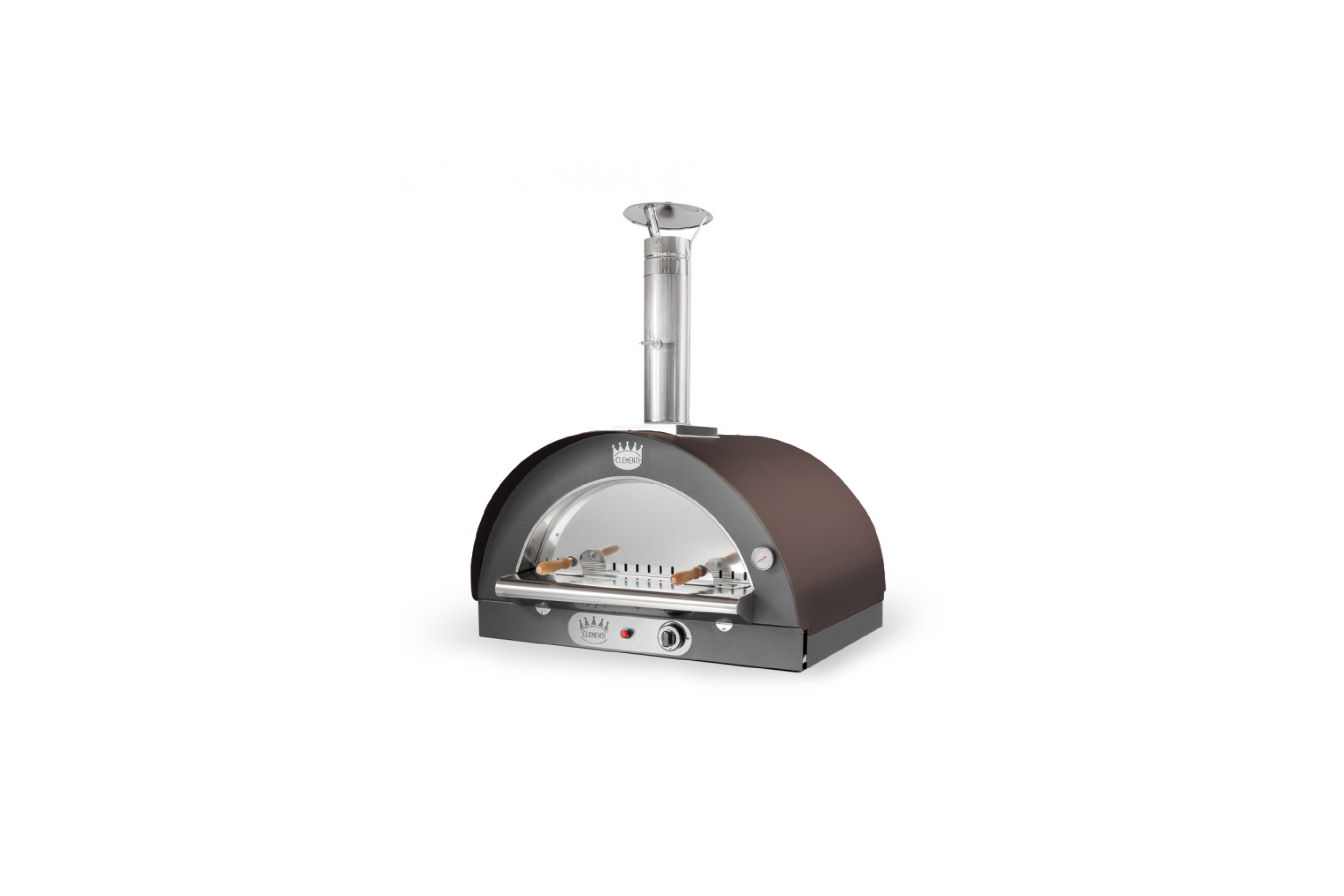 A white background image of a brown sided Clementi pizza oven.