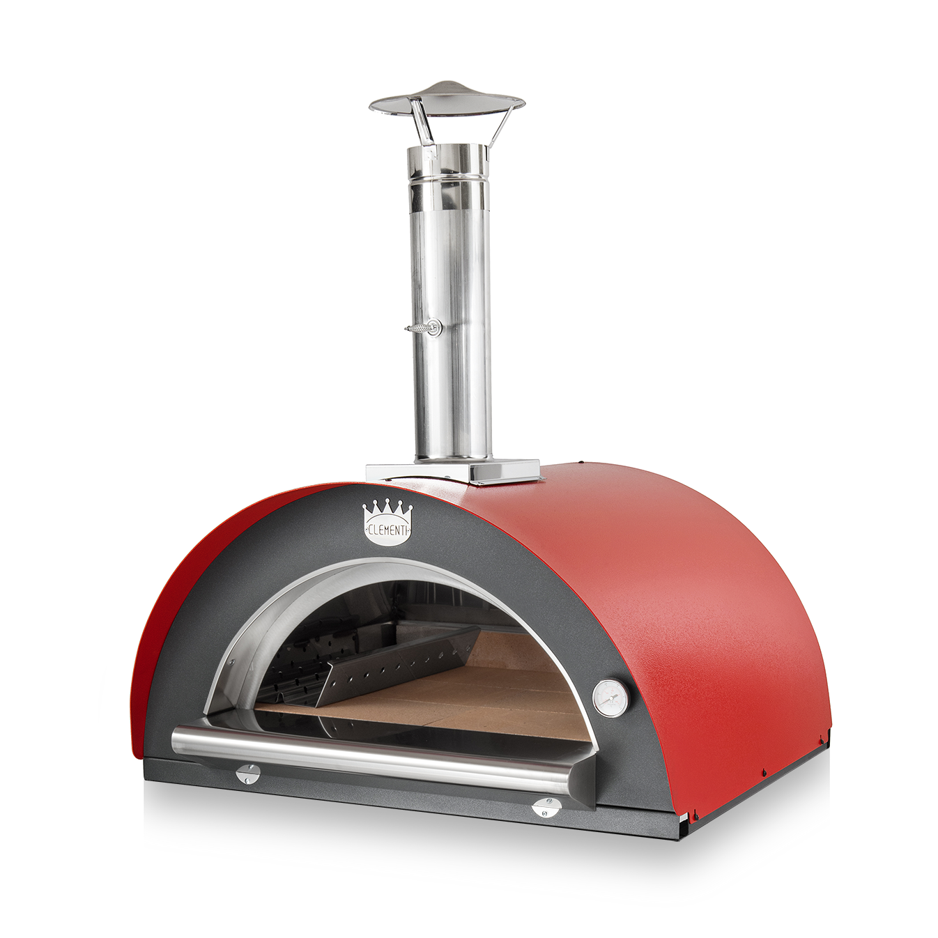 A red sided Clementi woodfire pizza oven on a white background.