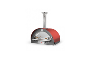 A white background image of a red sided gas fired pizza oven.