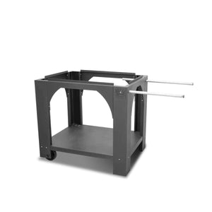 A four legged pizza oven stand with two white handles for ease of moving on a white background