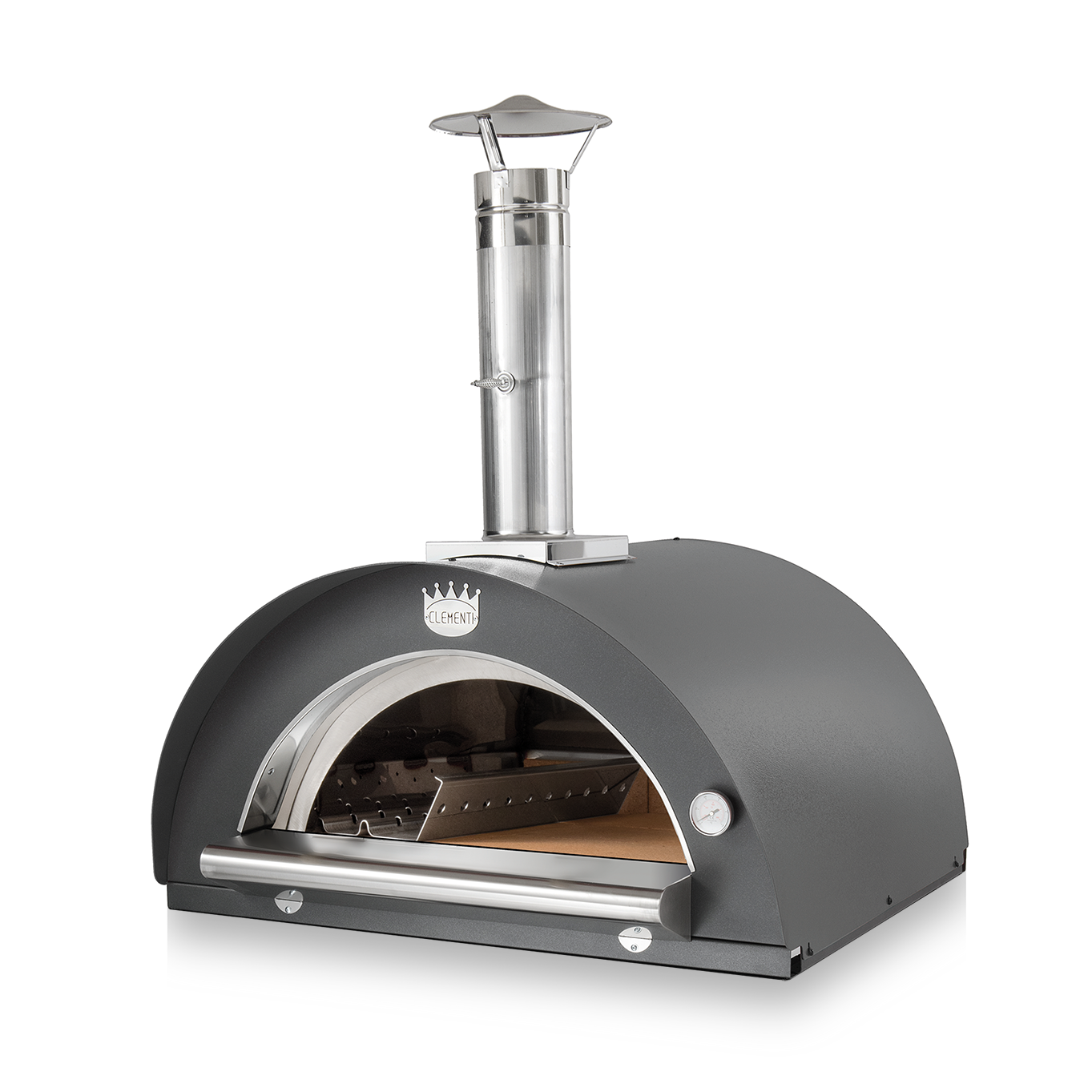 A white background image of a grey sided woodfired pizza oven.