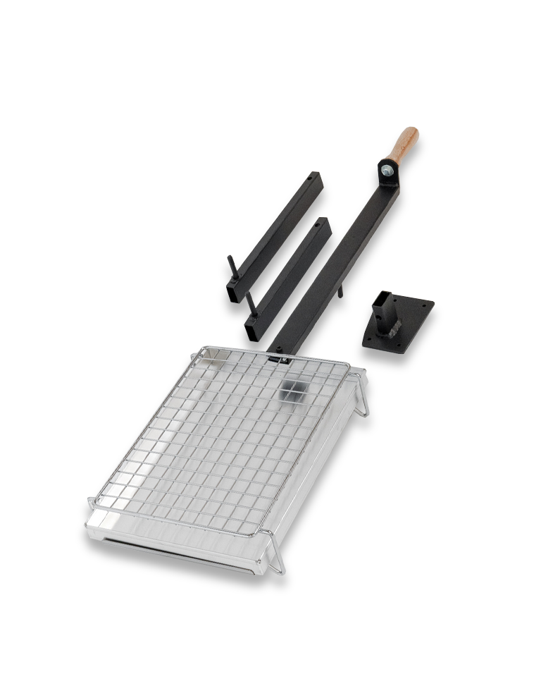 White background image showing the Clementi Pizza Oven Outdoor multicook system and it's parts - a silver metal tray with a lattice on top, 3 black handles and a fixing bracket.