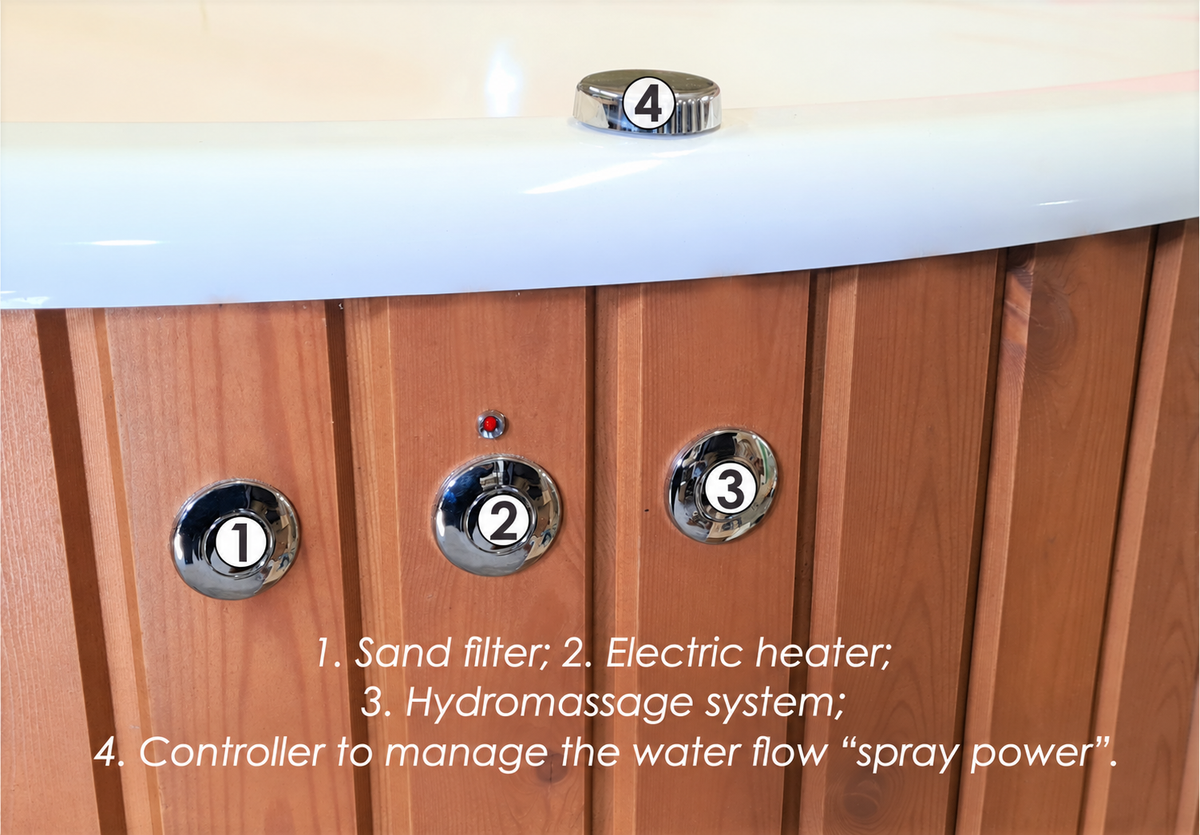 Hydromassage controls on the spruce cladding and spray-power dial on the rim