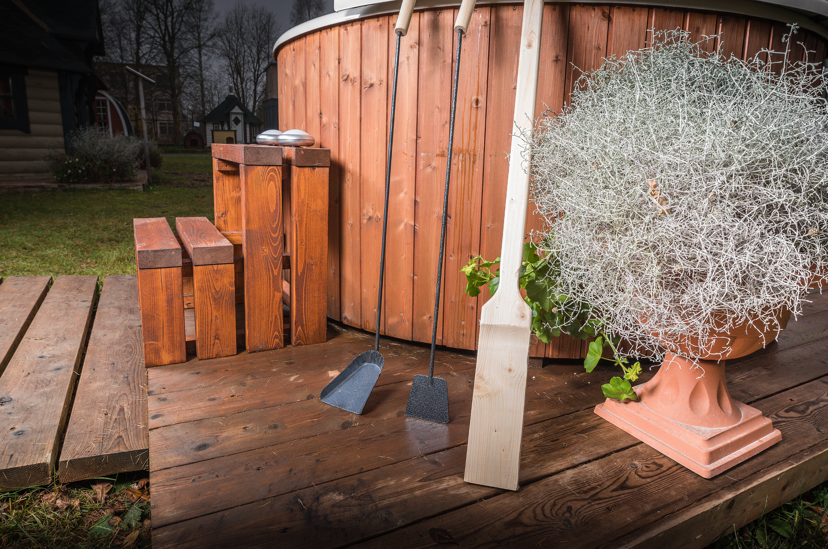 The Fibreglass Hot Tub with 2-step stairs and a collection of hot tub accessories