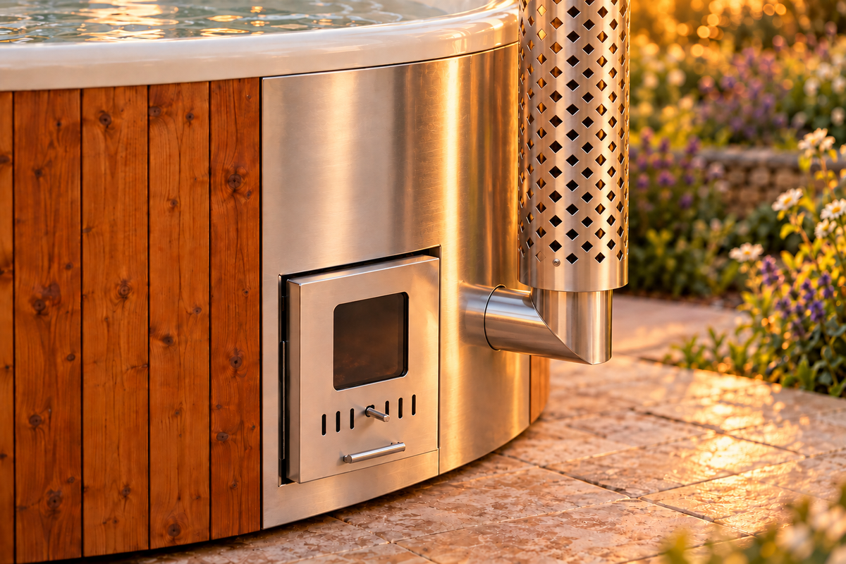 Stainless steel wood-burner door and chimney guard on the Everyday hot tub