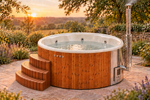 	The Everyday wood-fired hot tub with curved spruce stairs in a country garden at sunset