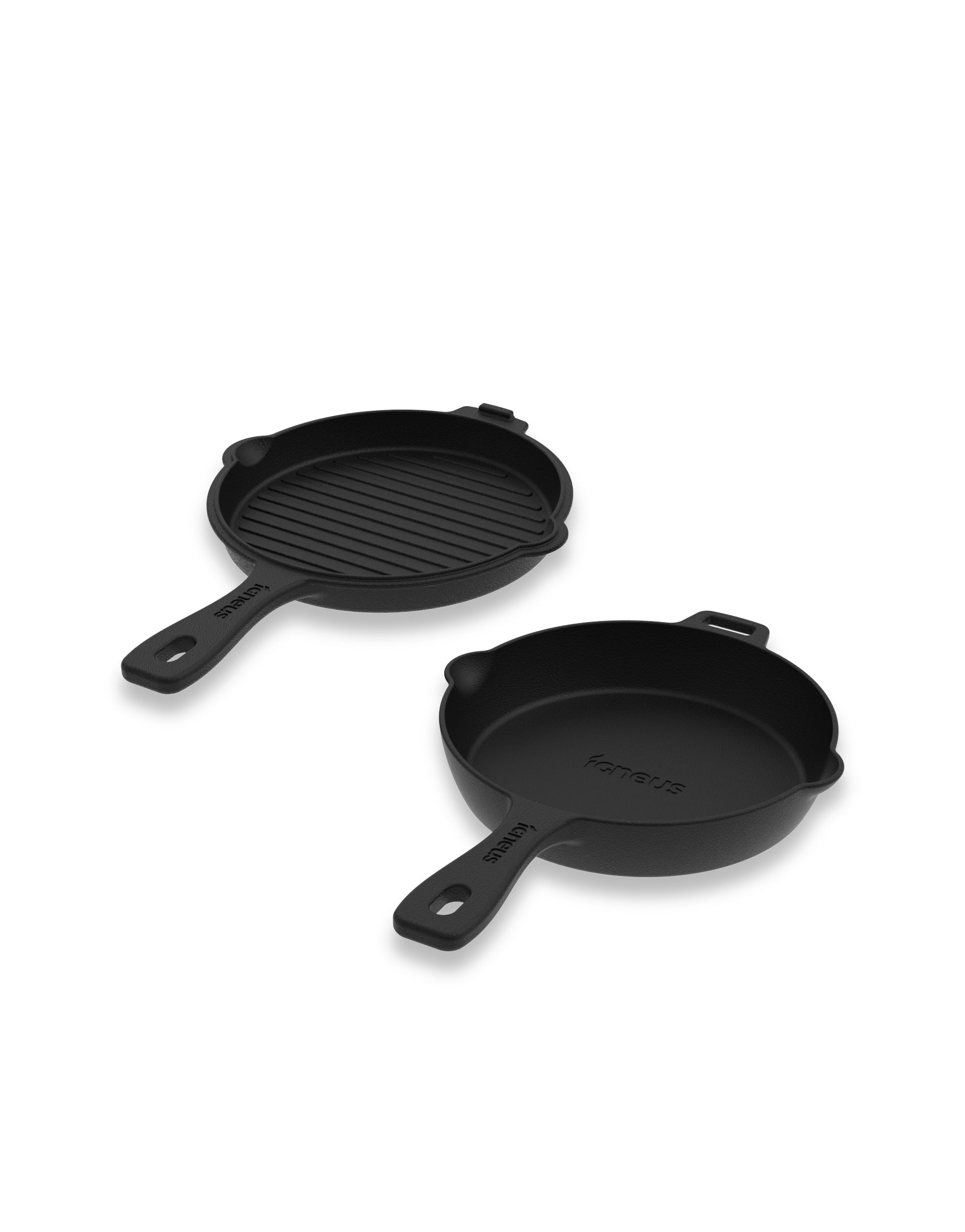 A white background image with a close up shot showing the black cast iron Igneus frying pan and casserole dish side by side.