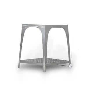 A white background shot of the silver metal igneus pizza oven outdoor stand