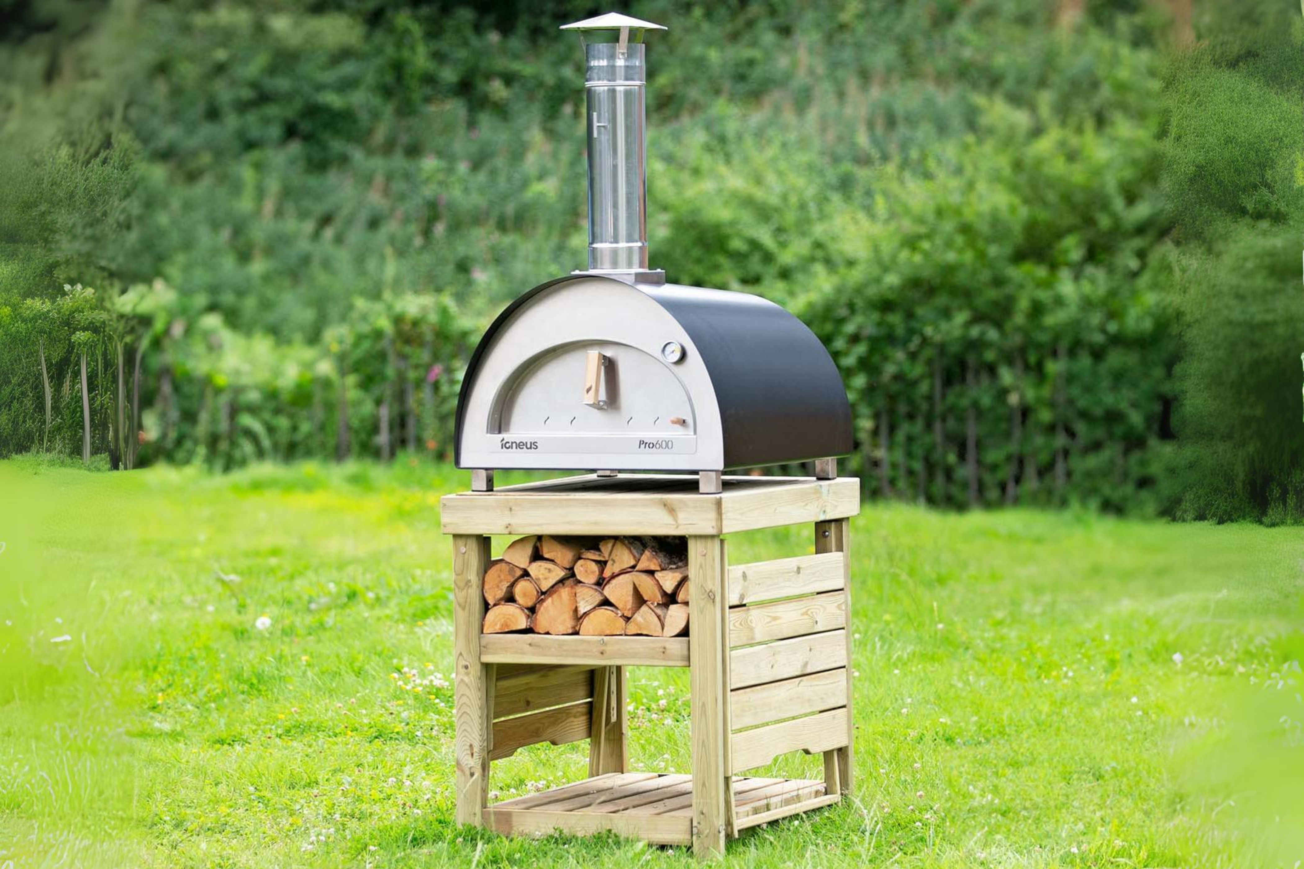 The Pro 600 garden pizza oven exterior in black in an open garden