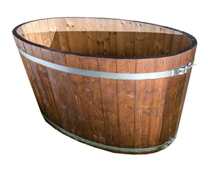 A white background image of the oval cold tub with a dark brown colour finish and no lid