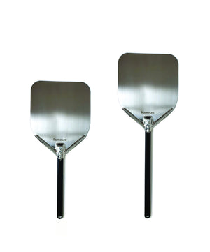 A white background image showing the two handle size options for pizza oven peels 