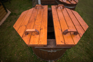 A top down image showing the cover opening on top of the spruce cold tub