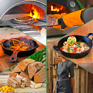 An image showing the 6 items within the estate series pizza oven bundle, wood bundle, wax look apron, sizzler dish, heat resistant gloves, frying pan, and pizza peel.