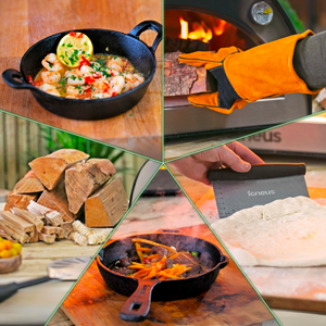 A multi image showing the 5 items in the hearthside essentials pizza oven bundle, the sizzler dish, heat resistant gloves, dough cutter, the frying pan, the wood bundle.