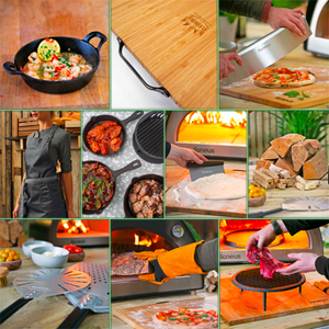 A group image showing the 10 products in the manor elite pizza oven bundle, sizzler dish, bamboo chopping board, rocker cutter, wax look apron, 3 part cast iron set, dough cutter, wood bundle, pizza spinner, heat resistant cloves, tuscan grill.