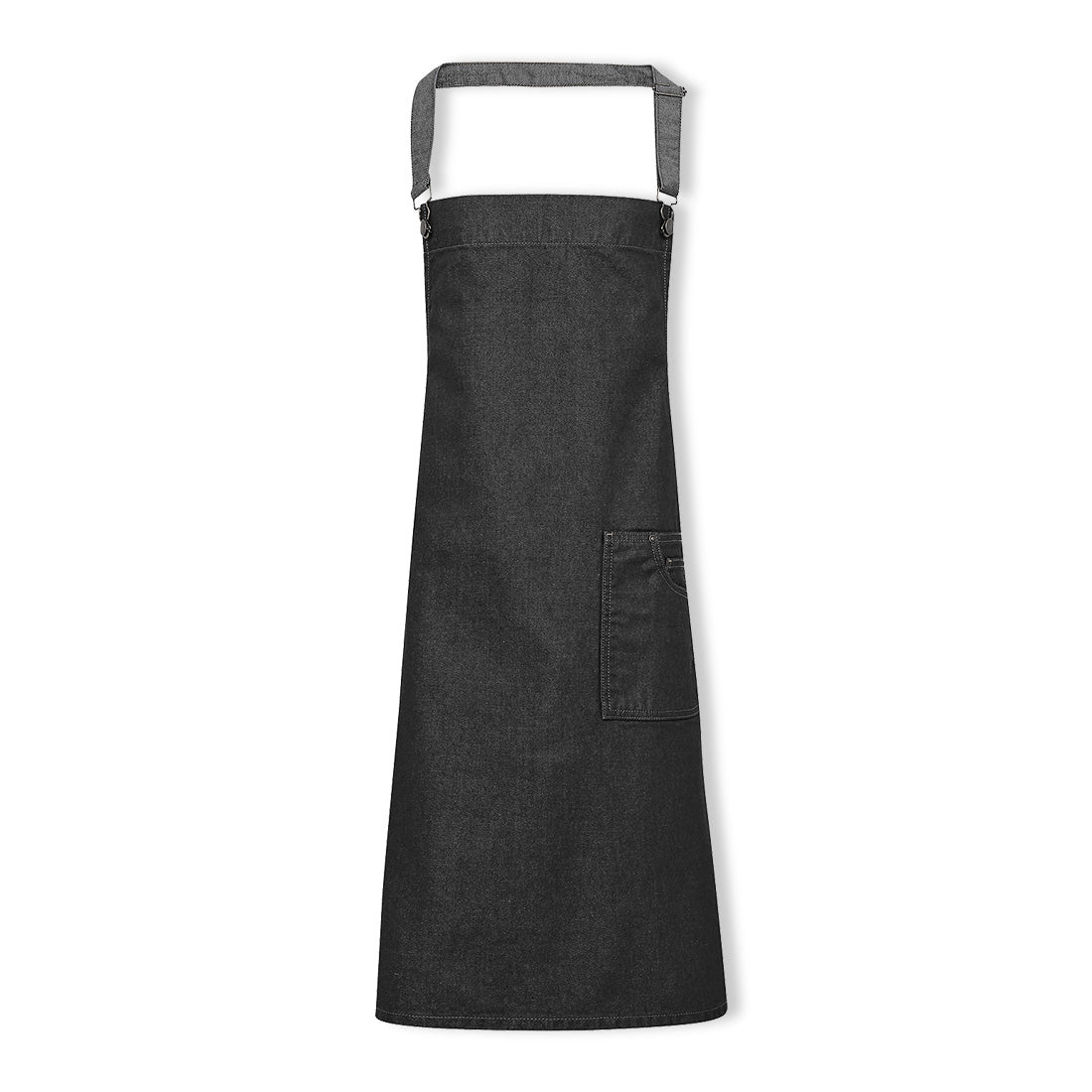 A white background shot showing the full black wax look denim apron from the front.